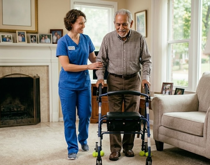 Elderly man receiving compassionate assistance at home