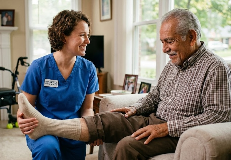 Caregiver helping elderly man with exercises at home