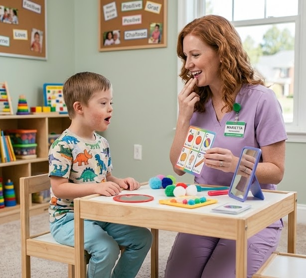 Doctor examining patient throat for speech and respiratory therapy